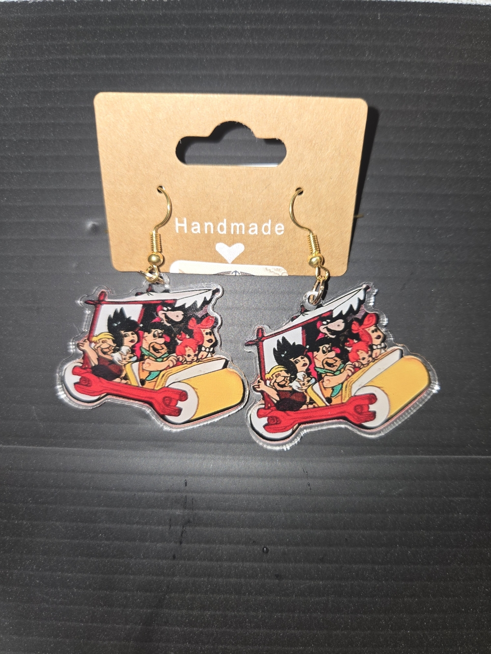 Handmade Yellow & Red Flintstones Car Dangle Earrings